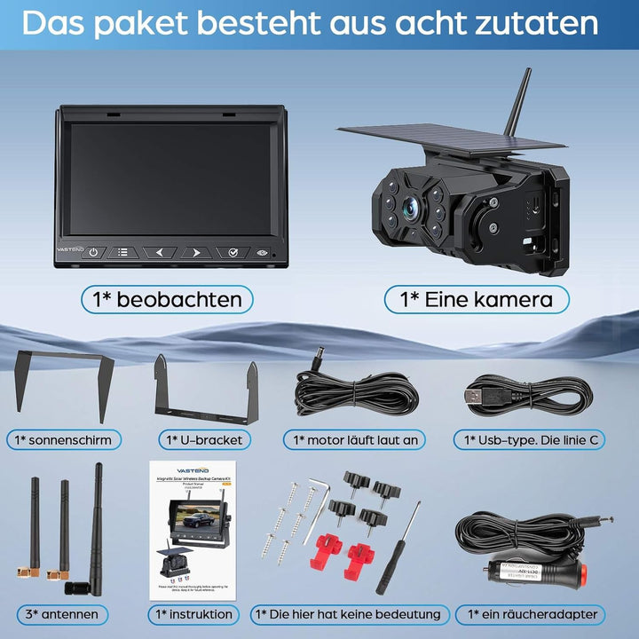 Rückfahrkamera Kabellos Solar Magnetische Rückfahrkameras Funk mit 10000mAh Akku, 7" Drahtlose Rückf