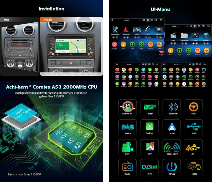 Acht-Kern 4GB+64GB Android 14 DAB+ Autoradio Für AUDI A3 S3 RS3 RNSE-PU Bildschirm mit GPS Navigatio