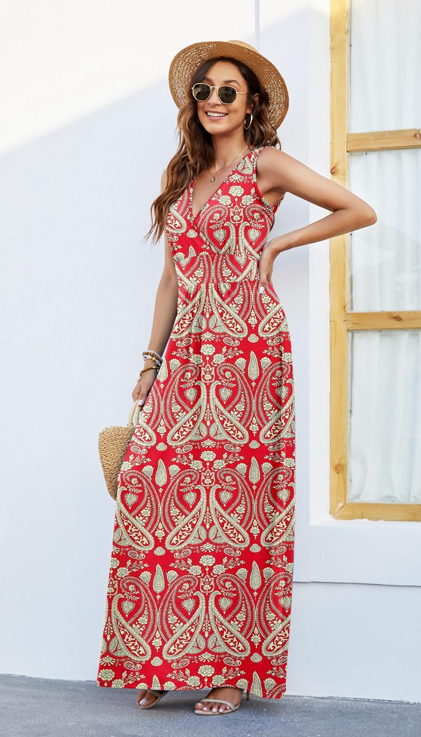 AUSELILY Maxikleid Damen Sommer ärmellos Kleid Lang Elegant tiefem V-Ausschnitt Abendkleid mit Tasch