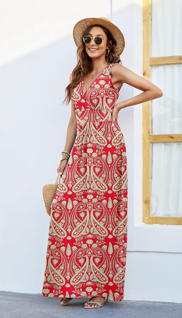 AUSELILY Maxikleid Damen Sommer ärmellos Kleid Lang Elegant tiefem V-Ausschnitt Abendkleid mit Tasch