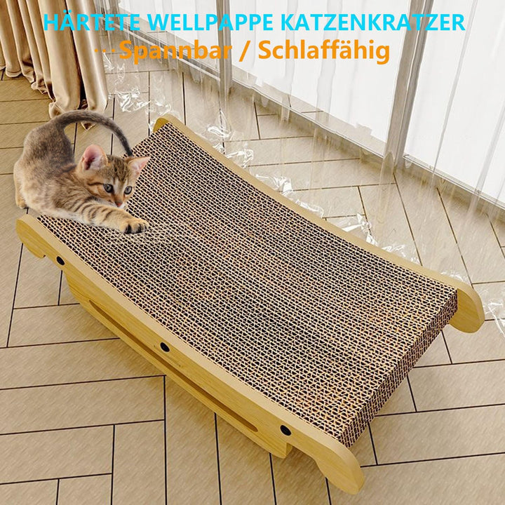 Gebogenes Kratzbrett &amp; Liegeplatz für Katzen – XL 50 cm Naturholzrahmen, Haltbares Wellpappen-Kratzb