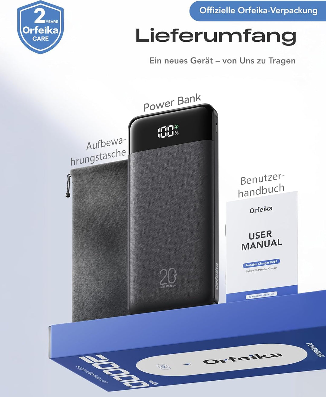 Orfeika 20000mAh Powerbank mit 4 Integrierten Kabeln, 20W PD-Schnellladung Power Bank, Externer Akku