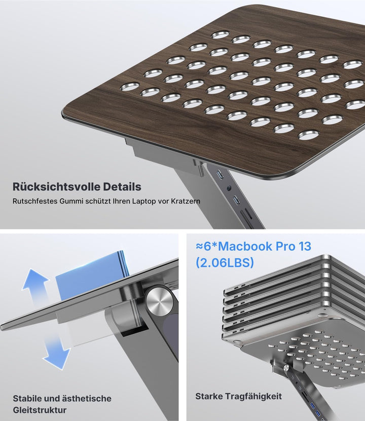 KU XIU Verstellbar Laptop Ständer mit 8-in-1 Dockingstation, Aluminium Laptop Halterung mit USB HUB