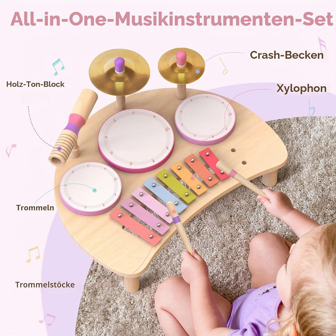 Holztrommelset - Montessori-Musikinstrumente für Kleinkinder, Schlagzeug-Set aus Holz mit Xylophon,