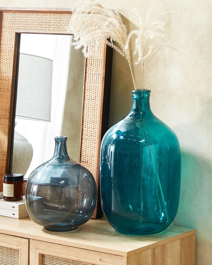 Runde Dekovase gefärbtes Glas handgefertigt blau türkis 48 cm Samosa
