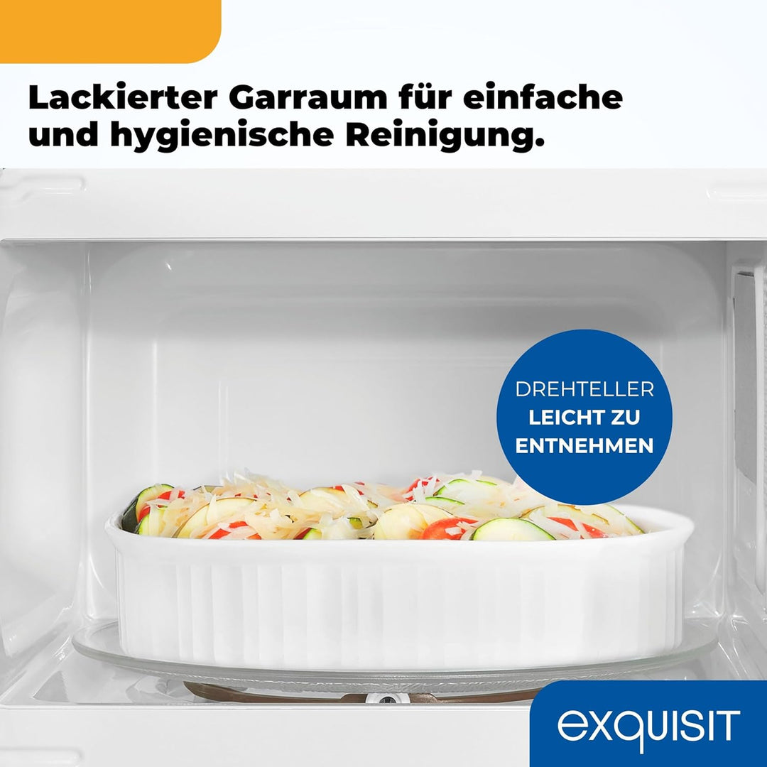 Exquisit Mikrowelle, 24,5 cm Drehteller, 20 Liter, 700 Watt, 5 Leistungsstufen, Timer, Auftaufunktio