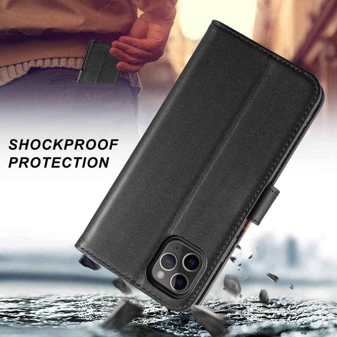 LENSUN Echtleder Hülle für iPhone 11 Pro Max, Handyhülle Flip Cover [Echtes Leder][Kartenfach][RFID