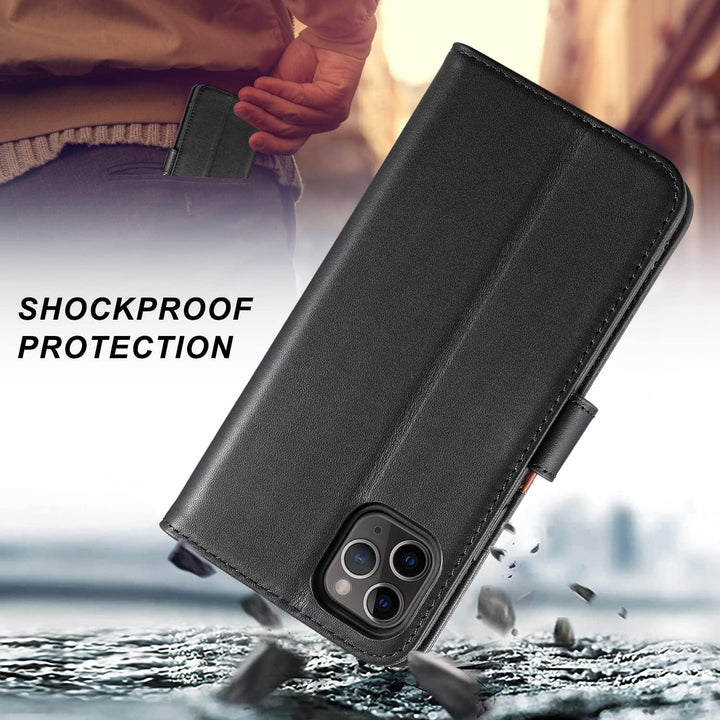LENSUN Echtleder Hülle für iPhone 11 Pro Max, Handyhülle Flip Cover [Echtes Leder][Kartenfach][RFID