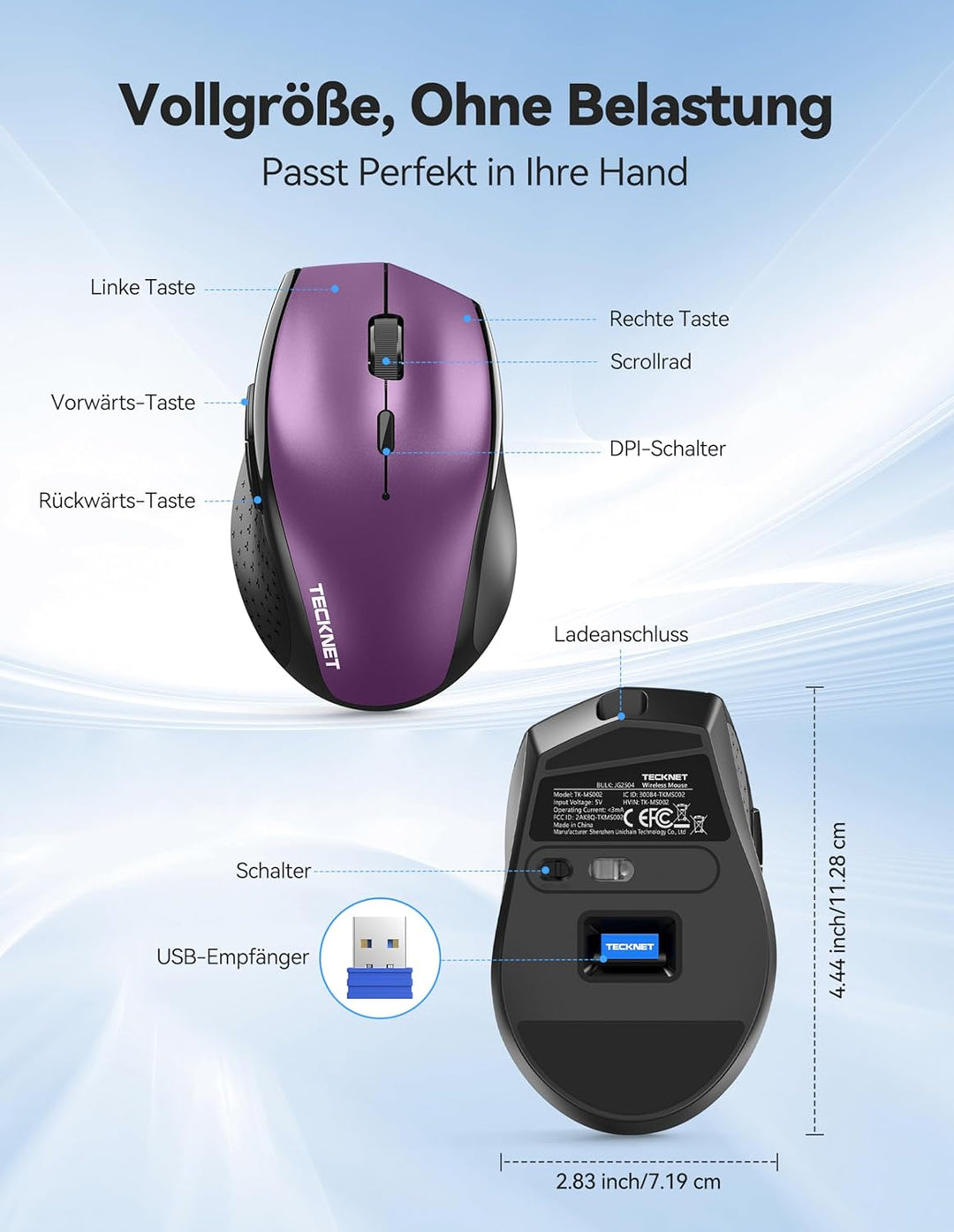 TECKNET PRO Kabellose Maus Wiederaufladbar, Silent Funkmaus 6400 DPI, 2,4 GHz Computermaus, Ergonomi