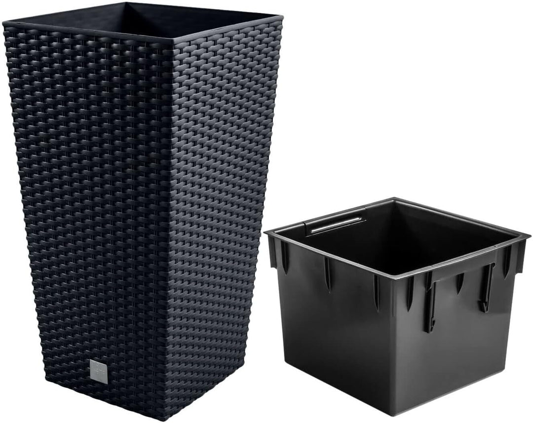 Prosperplast Blumentopf in Rattan-Optik Pflanzkübel mit Einsatz | 26,5 x 26,5 x 50 cm | anthrazit |