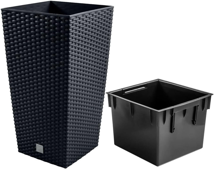 Prosperplast Blumentopf in Rattan-Optik Pflanzkübel mit Einsatz | 26,5 x 26,5 x 50 cm | anthrazit |