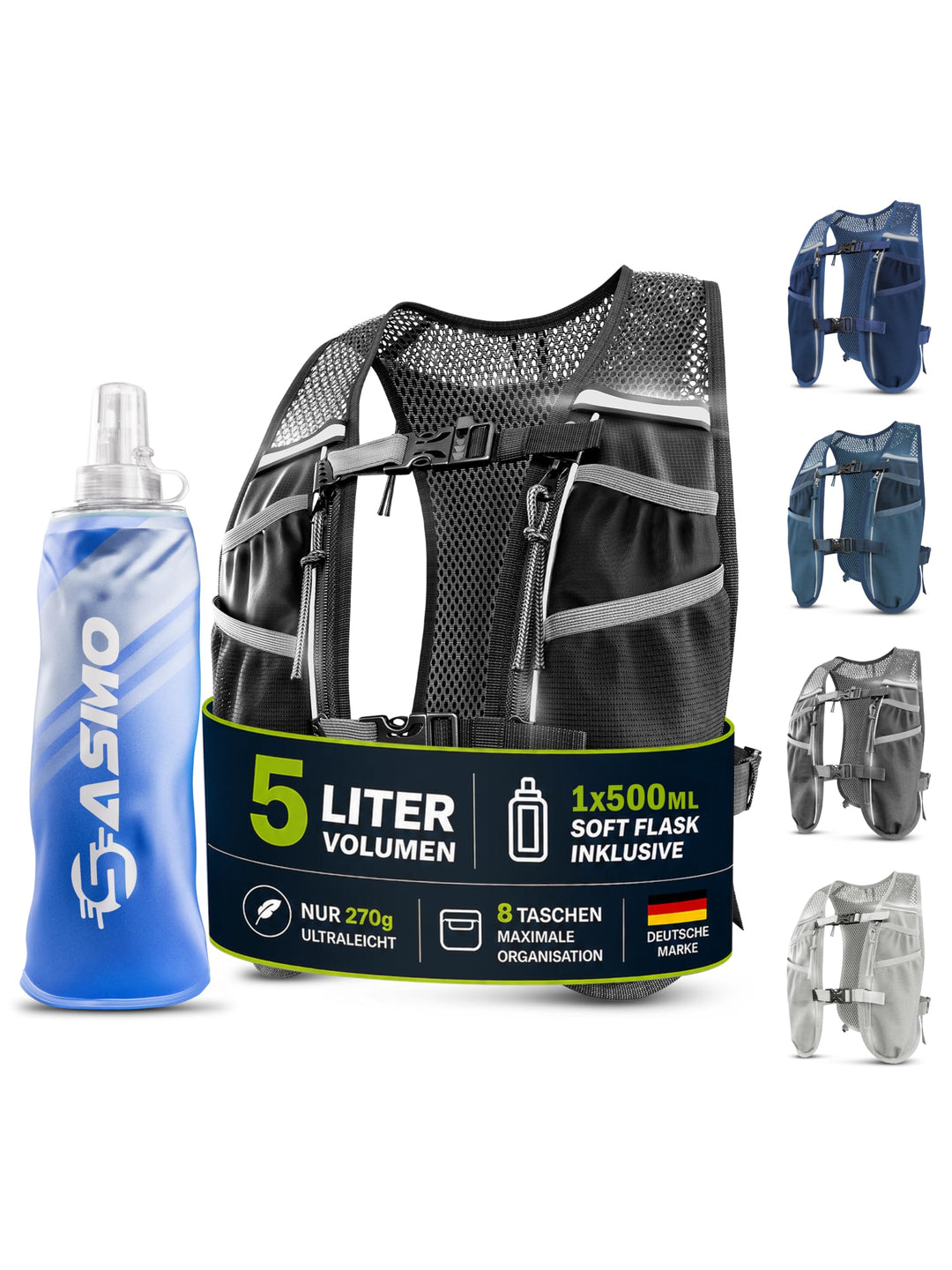 SASMO® Laufweste Damen & Herren 5L / 2L | Running Vest - Ultraleicht & atmungsaktiv| Laufrucksack Da