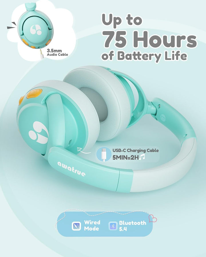 Bluetooth Kopfhörer Kinder, 85dBA Sicheres Volumen, Bluetooth 5.4, BPA Frei/CPC Zertifiziert, 75 Std