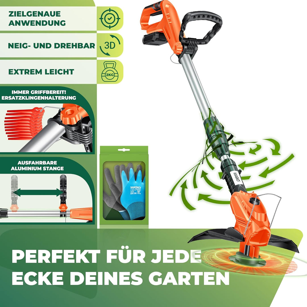 MASKO® Akku-Rasentrimmer mit 20 V Li-Akku, 2,0 Ah Akku und Ladegerät, Motorsense 26 cm Schnittkreis,