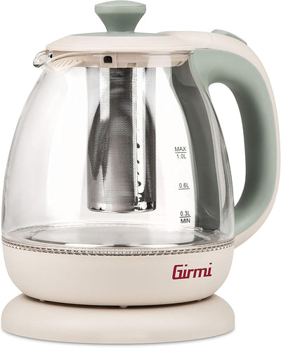 Girmi Wasserkocher + Teekanne BL41 aus Glas, 1100 W, schnurlos, 1 Liter, Wassergrün, BL4105, Teal Kr