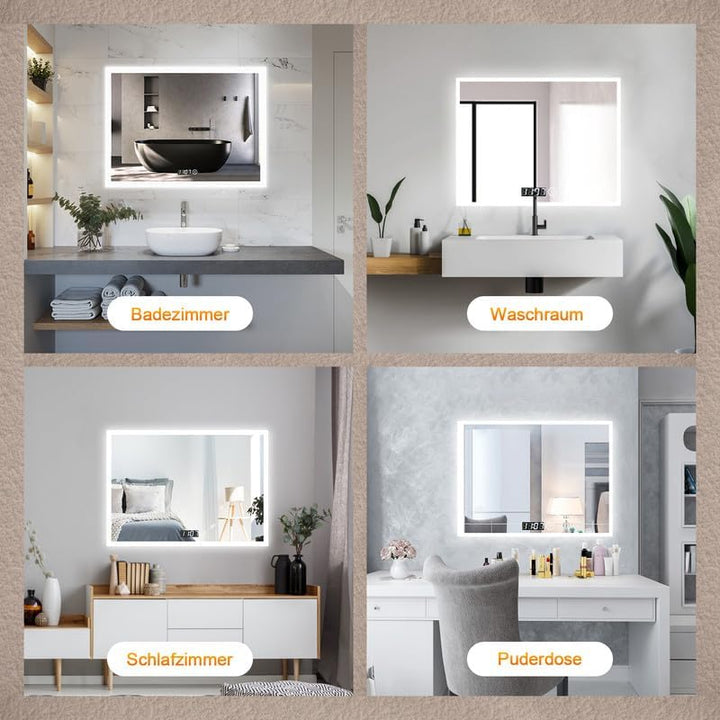 Boromal Badspiegel mit Beleuchtung und Uhr 80x60cm Badezimmer Spiegel mit Beleuchtung 3 Lichtfarbe D