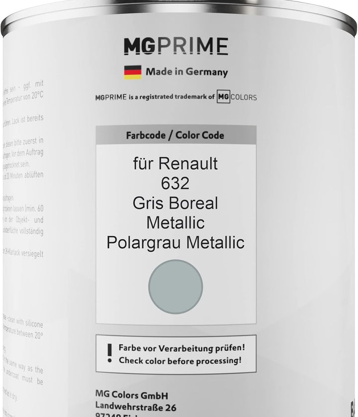 MG PRIME Autolack Dose Set für Renault 632 Gris Boreal Metallic/Polargrau Metallic Basislack 2K Klar