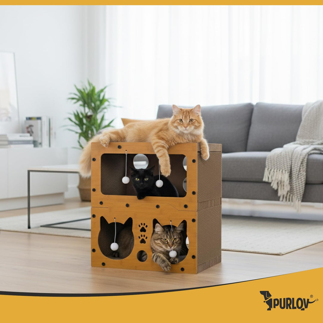 Purlov Katzen Kratzhaus 3-in-1 mit 2 Etagen – HDF & extra Feste Wellpappe, Kratzmöbel & Liegeplatz f