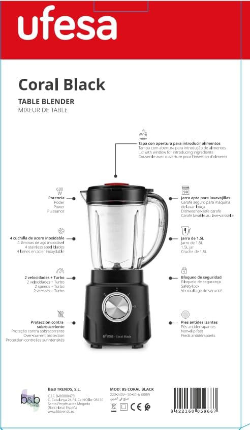 Ufesa Coral Black Standmixer, 600W Leistung, 1,5L Glasbehälter, 4 herausnehmbare Edelstahlklingen, 2
