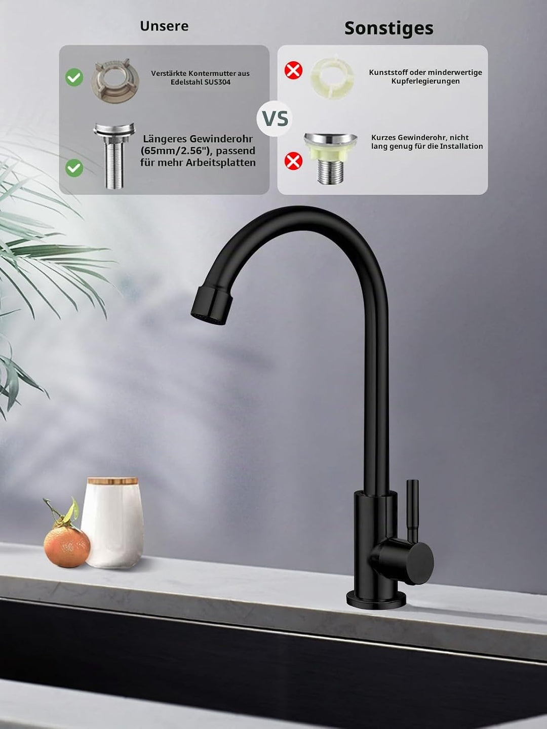 Nur Kaltwasser-Wasserhahn, SUS304 Edelstahl, Wasserhahn für Küchenspüle, schwarzer Wasserhahn, hoher