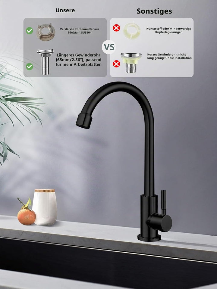 Nur Kaltwasser-Wasserhahn, SUS304 Edelstahl, Wasserhahn für Küchenspüle, schwarzer Wasserhahn, hoher