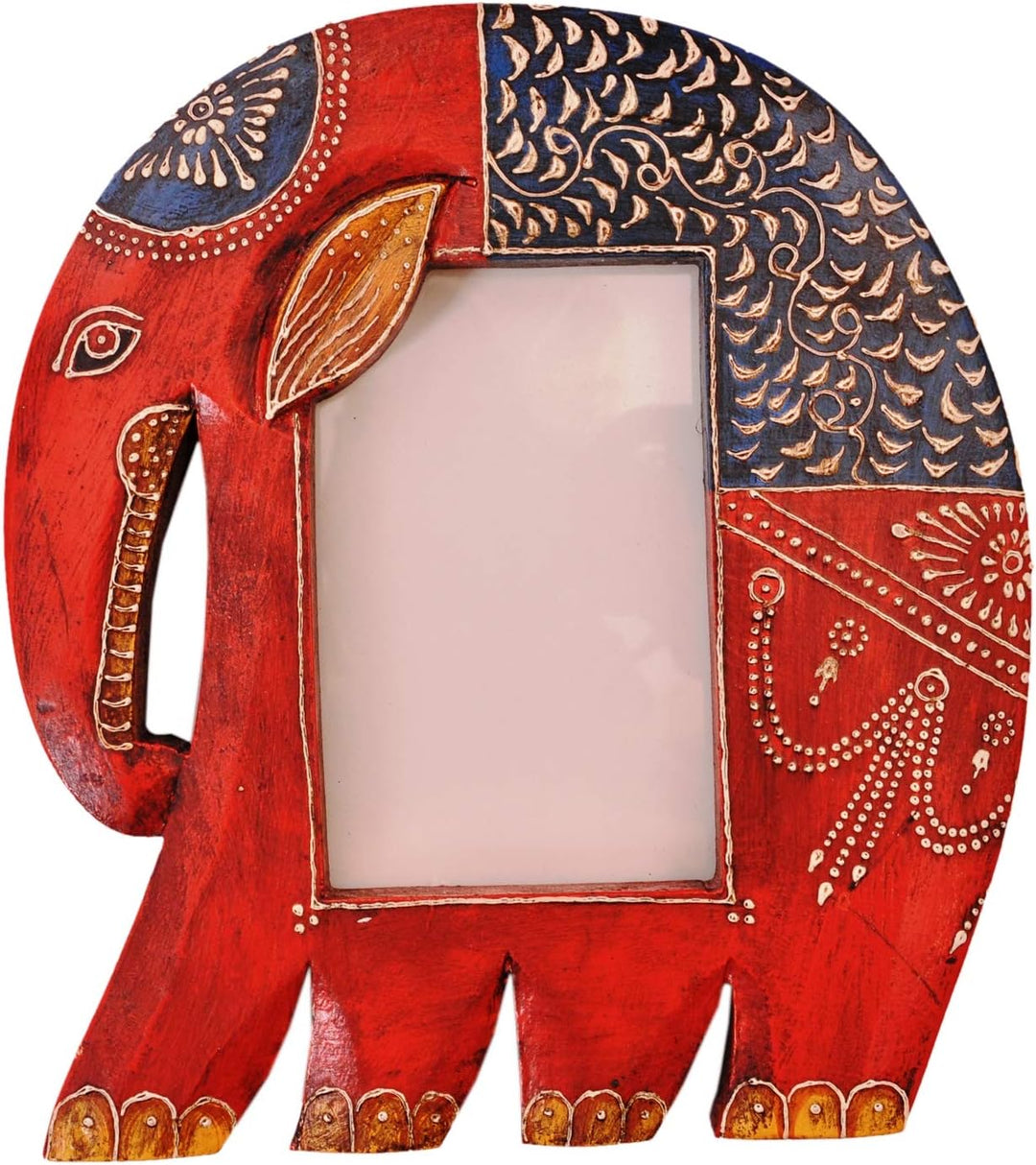 Purpledip Wooden Photoframe: Handpainted Elephant Shape Picture Frame (11365)
