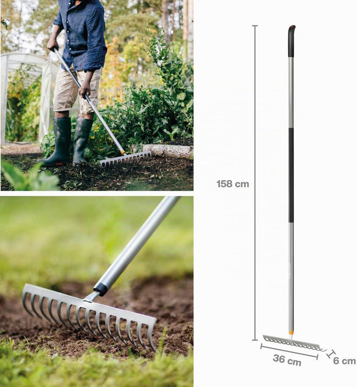 Fiskars Rechen mit 14 Zinken, Ergonomic, Länge: 154 cm, Breite: 30 cm, Gehärtete Borstahlzinken/Alum