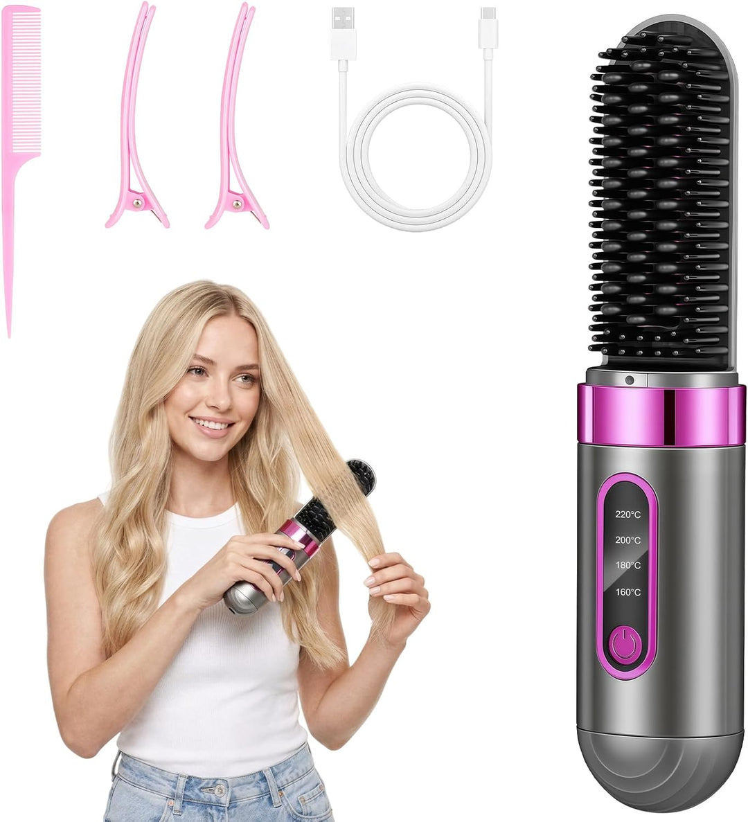 Glättbürste Kabellos, Tragbare Glättungsbürste für Haarstyling, 4 Wärmestufen, 160°C-200°C, Wiederau