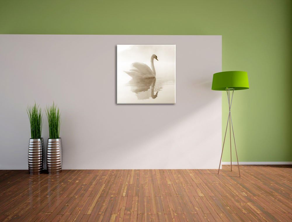 Pixxprint weisser Schwan im Morgennebel, Format: 70x70 auf Leinwand, 70x70