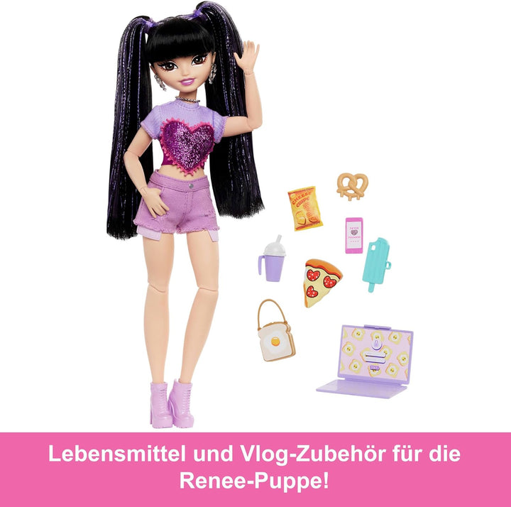 Barbie Dream Besties Puppe und Accessoires, bewegliche Barbie Renee Modepuppe mit langem schwarzem H