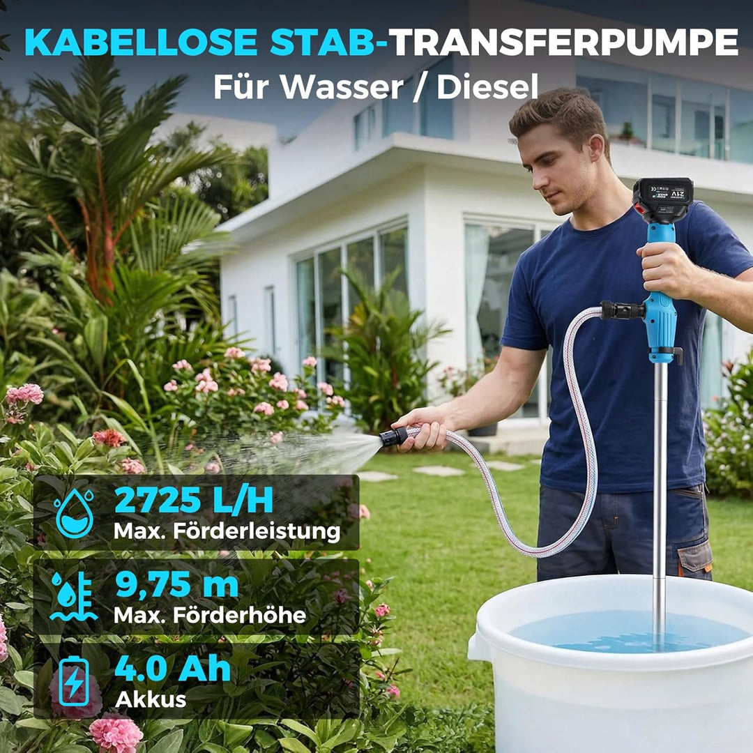 Kabellose Stab-Transferpumpe für Wasser/Diesel, 56mm Einlass unten, 2725L/h, Inkl. 2x 4,0 Ah Akku, 6