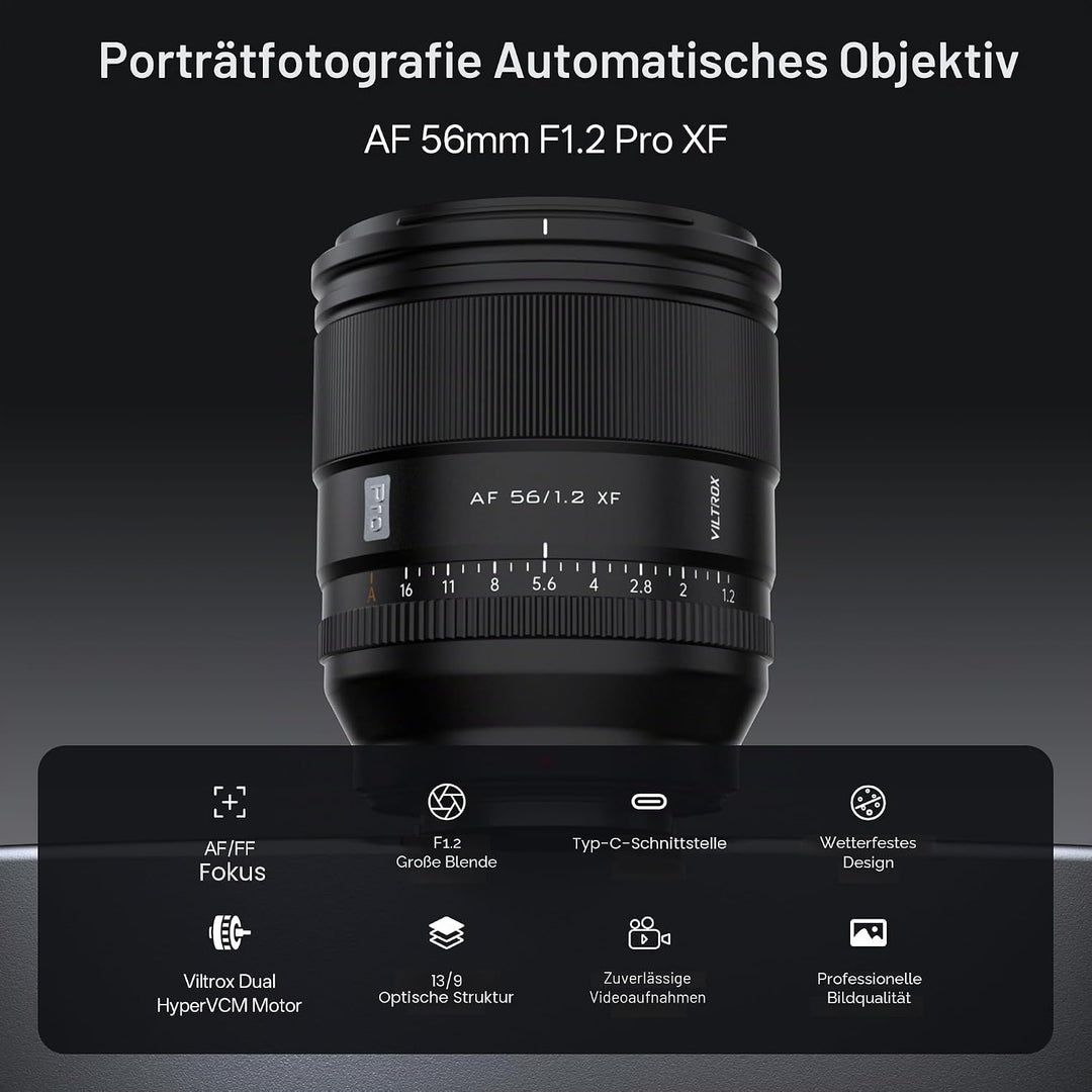 VILTROX AF 56mm F1.2 Pro XF-Objektiv für Fuji X-Mount, 56mm f/1.2 Weitwinkel-Autofokus-APS-C-Prime-O