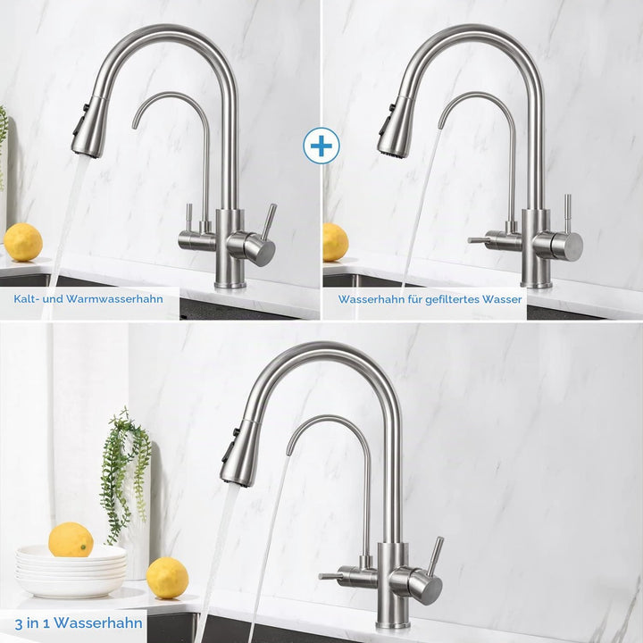3 Wege Wasserhahn Edelstahl, 360° Drehbar Trinkwasserhahn mit Ausziehbarer Handbrause, 3 in 1 Küchen