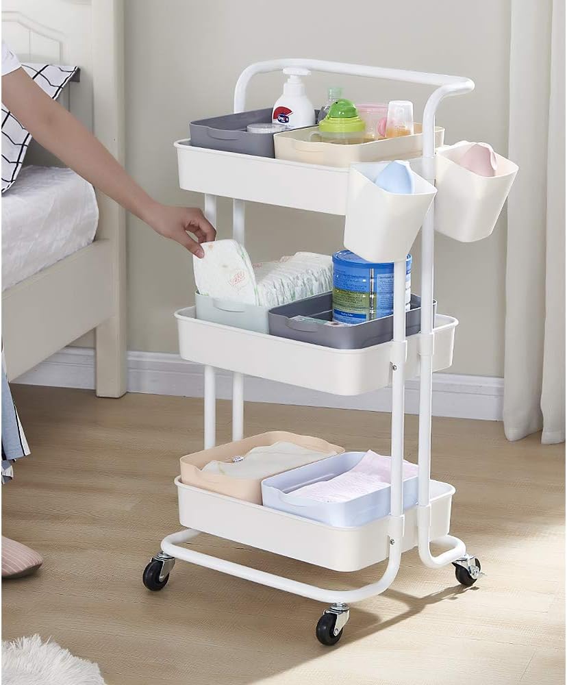 Rollwagen, 3 Etagen, Servierwagen, Küchenwagen für Bad & Büro, Rollregal, Bastelwagen-43 * 36 * 86cm