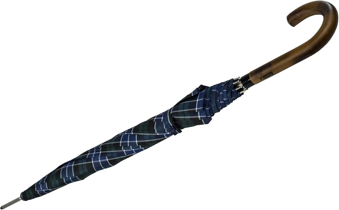 iX-brella Herren-Stockschirm Automatik mit Echtholz-Rundhakengriff - Karo blau-grün Check Blue-green