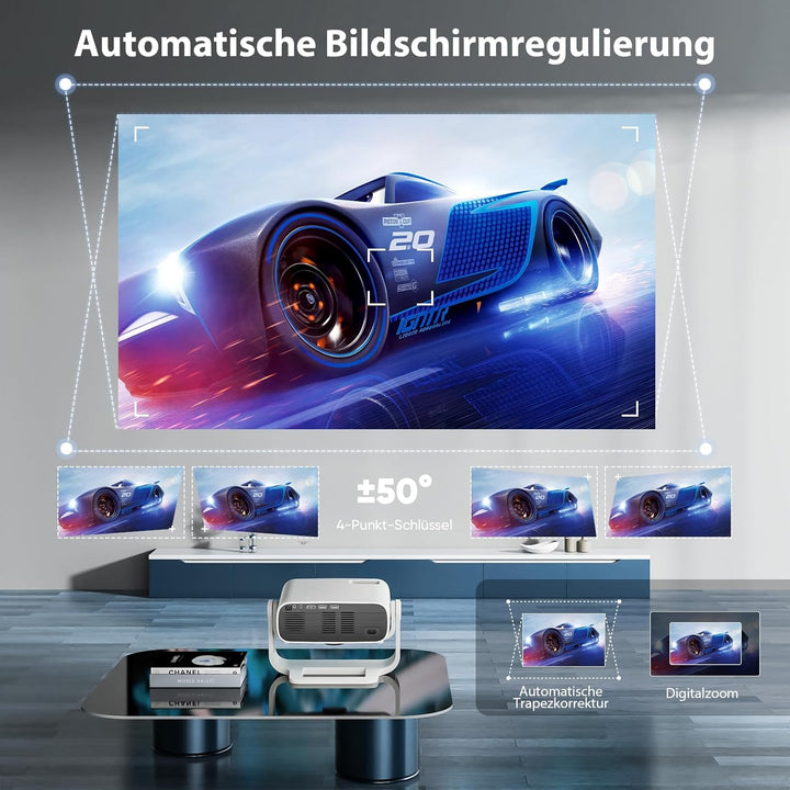 Smart Beamer 4K Unterstützung, Android 11, Full HD 1080P, WiFi 6 & BT 5.2, 120° Verstellbarer Stände