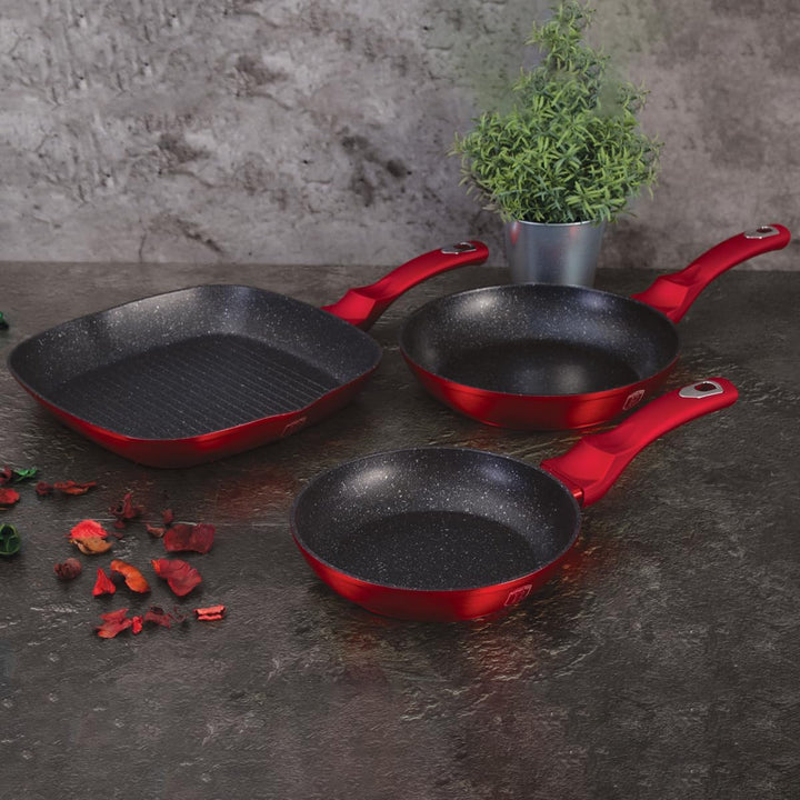 BerlingerHaus Haus Burgundy Set 2 Bratpfannen 1 Grillpfanne Induktion 20-24-28cm, Aluminium, Antihaf