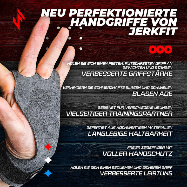 JerkFit Raw Grips 3.0, 2-Finger Gymnastikgriffe aus Leder – Schützen die Hände bei Klimmzügen, verhi