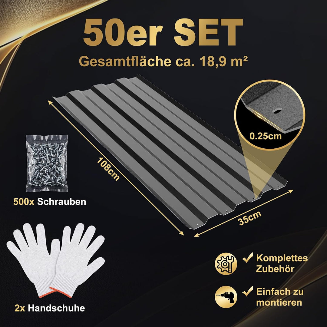 Huracan Dachbleche Trapezblech Profilblech 50er, Stahlblech 108x35cm, Platten Dachplatte Wetterfest