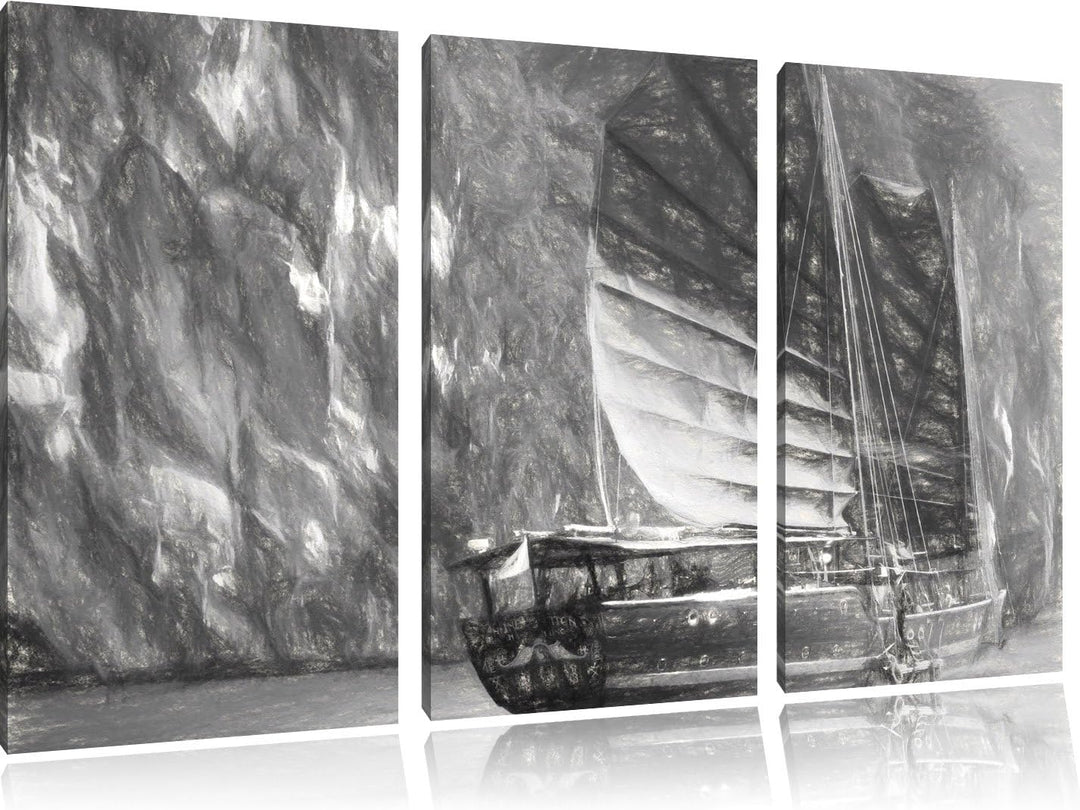 Pixxprint chinesisches Segelschiff 3Teiler 120x80 cm Leinwandbild Wandbild Kunstdruck