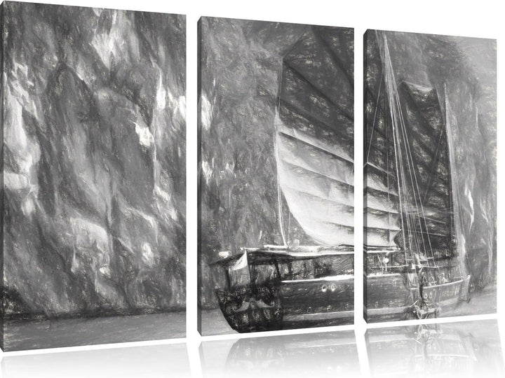 Pixxprint chinesisches Segelschiff 3Teiler 120x80 cm Leinwandbild Wandbild Kunstdruck