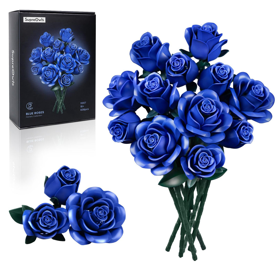 Millionspring-Set mit blauen Rosen, Blumenstrauss-Bausatz mit 12 blauen künstlichen Rosen, Geschenke