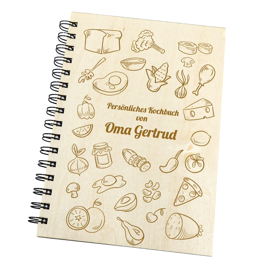 Geschenke 24 | Rezeptbuch zum selberschreiben | Holz-Hardcover mit Gravur (Lebensmittel) | mit Wunsc