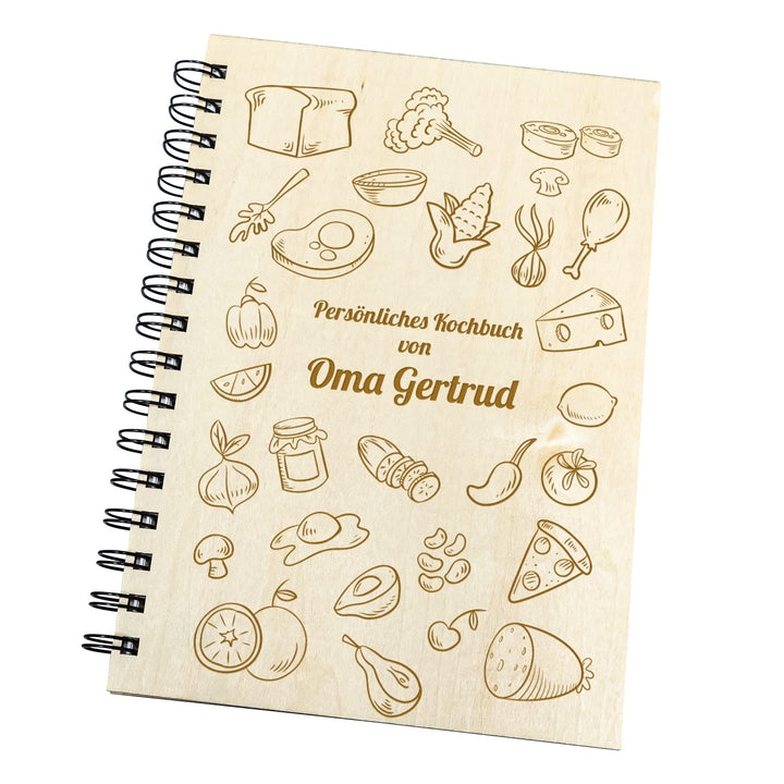 Geschenke 24 | Rezeptbuch zum selberschreiben | Holz-Hardcover mit Gravur (Lebensmittel) | mit Wunsc