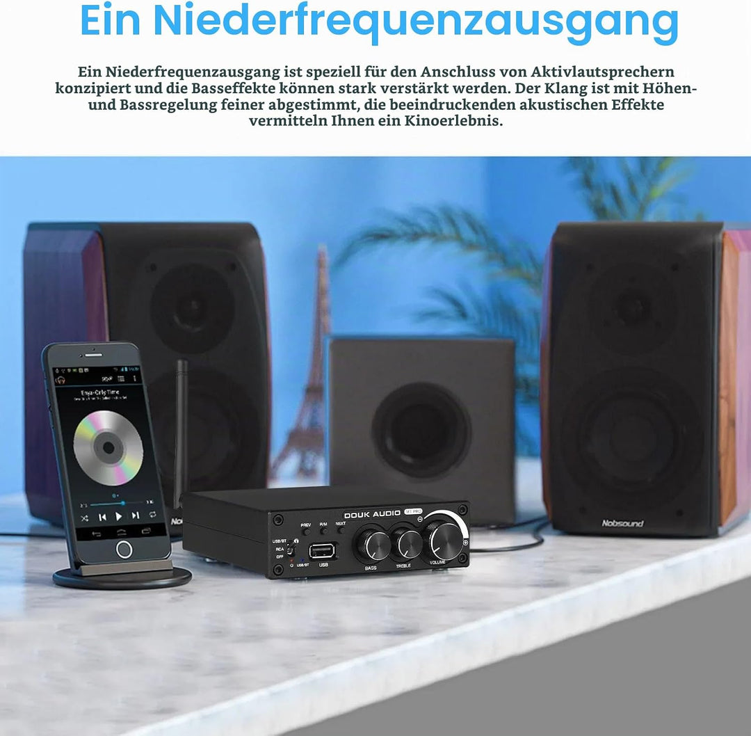 Douk Audio 320W Bluetooth 5.0 HiFi-Verstärker Empfänger 2.0-Kanal Stereo Power Amplifier Subwoofer A
