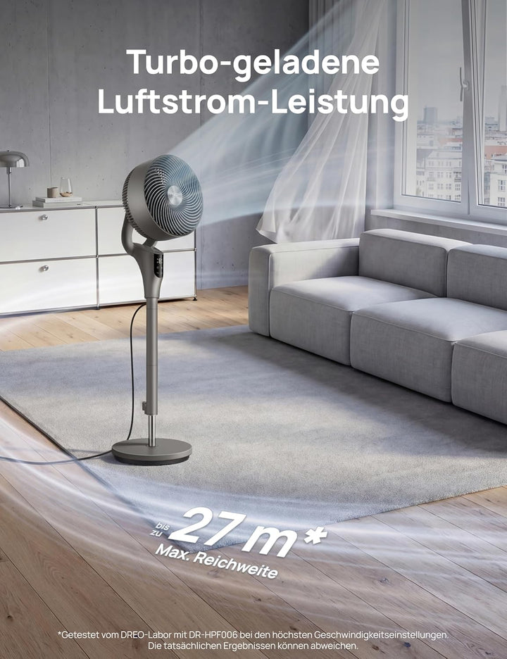 Dreo Leiser Standventilator, 1444m³/h Luftvolumen oszillierende Ventilator, 3 Stufen 6H Timer Turmve