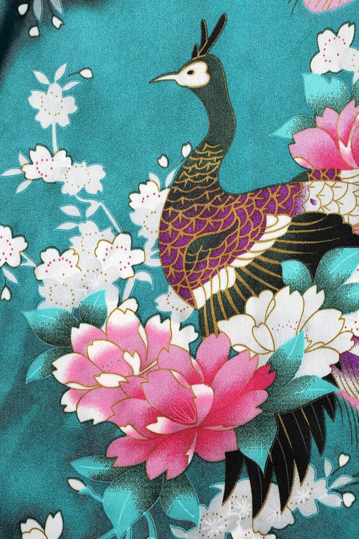 BABEYOND Damen Morgenmantel Maxi Lang Seide Satin Kimono Kleid Pfau Muster Kimono Bademantel Damen L