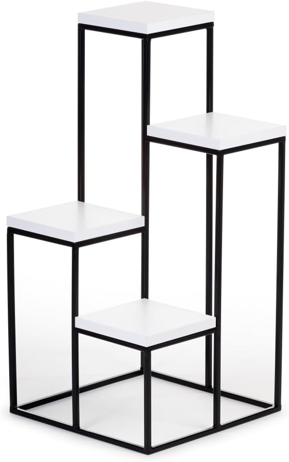 4 Etagen Blumentreppe - Metall Pflanzentreppe 70 cm Hoch - Blumenregal mit MDF-Platten in Weiss für