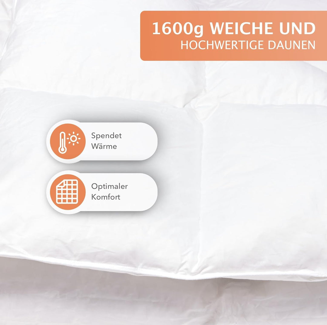 Premium Daunendecke extra warm 135x200 cm | 1600g Bettdecke, 85% Federn 15% Daunen | 100% natürliche