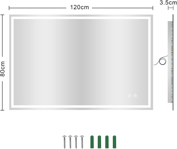 Dripex Badspiegel mit Beleuchtung Led Spiegel mit Touch-Schalter, Dimmbar, 3 Lichtfarbe Einstellbare